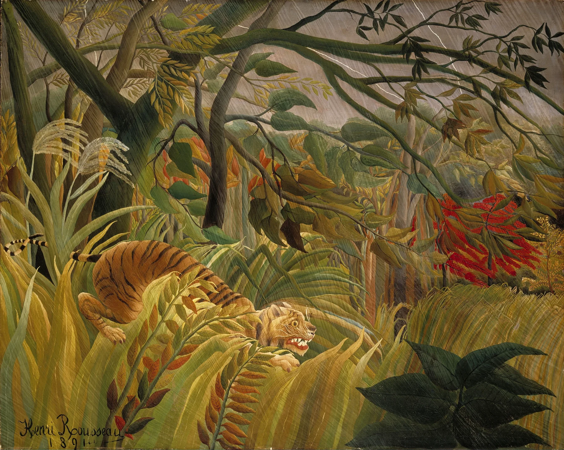 Tigris a trópusi viharban (Meglepő!) — Henri Rousseau