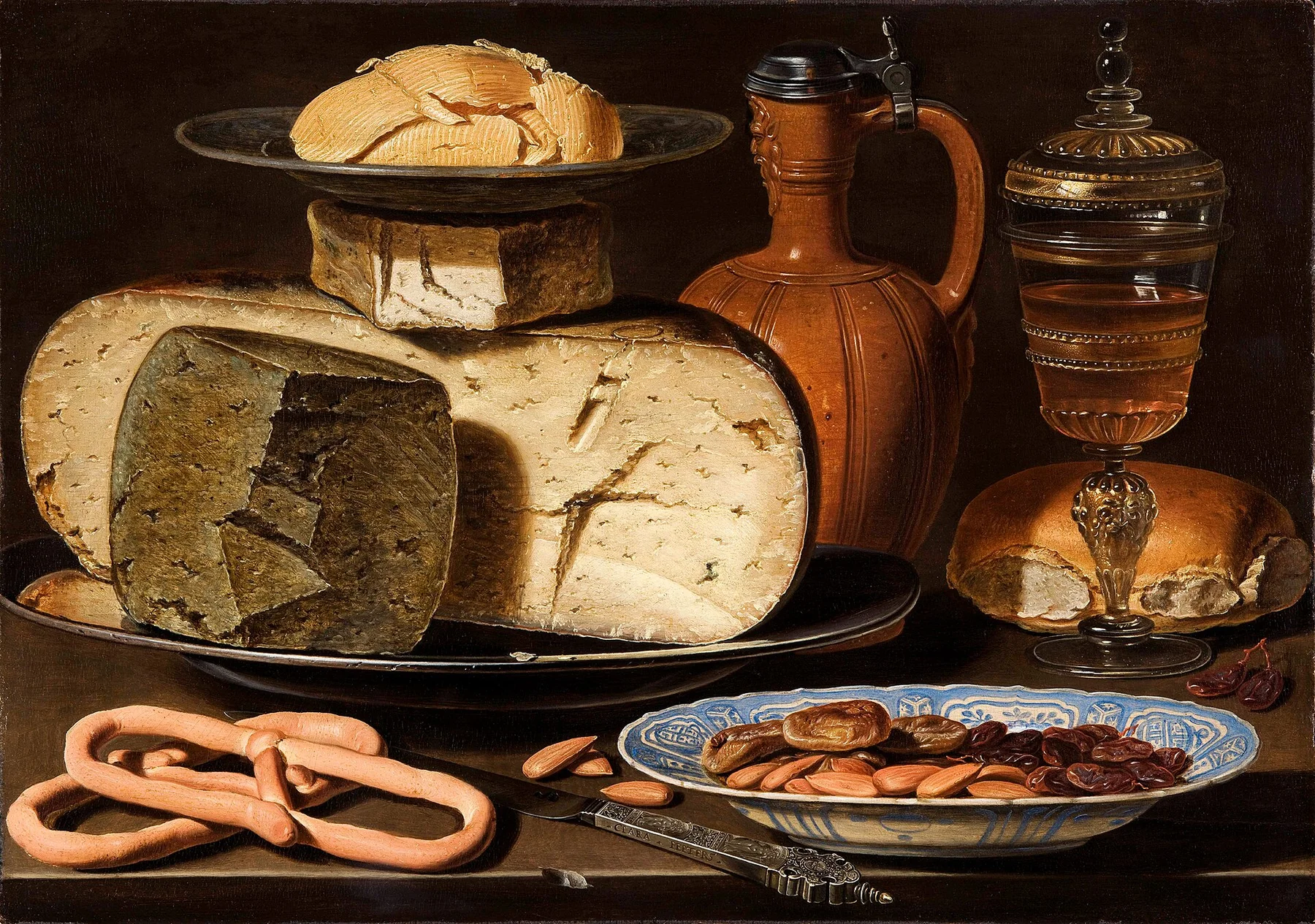 Still Life with Cheeses, Almonds and Pretzels — Clara Peeters